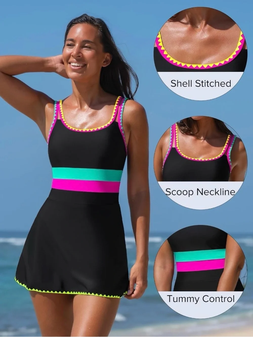 popvil Women One Piece Swimsuit 2026 Tummy Control Bathing Suit Neon Modest Swim